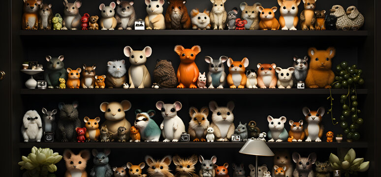 the small animal figurines are arranged on the shelf