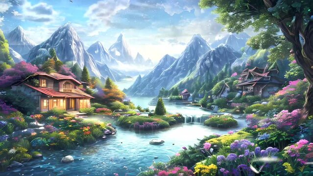 Fantasy landscape of beautiful house in mountain valley in summer. Rural fantasy landscape background. Seamless looping video animation virtual background
