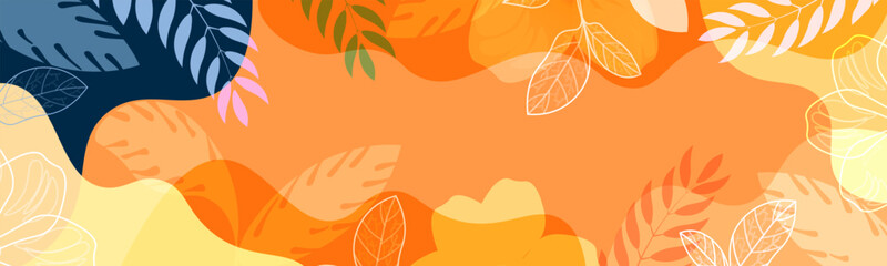 Summer background with tropical leaves and plants in orange, yellow and dark blue colors. Minimalist modern style.