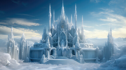 Fantasy wallpaper featuring a snow-covered neoclassical castle with mythological and religious elements