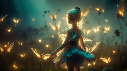 Fantasy depiction of a young princess amidst glowing flowers and magical insects in an enchanted forest