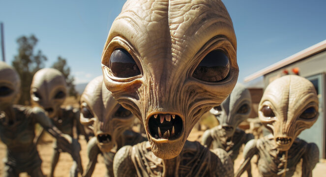 Photorealistic pastiche of aliens taking a group photo in a desert, with emphasis on their varied emotions and expressions
