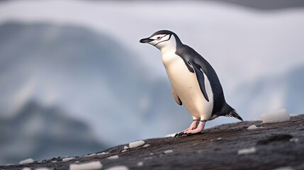 A Chinstrap Penguin walks precariously along the ridge of Bailey Head on Deception Island in Antarctica, high above the icy ocean below. Generative Ai