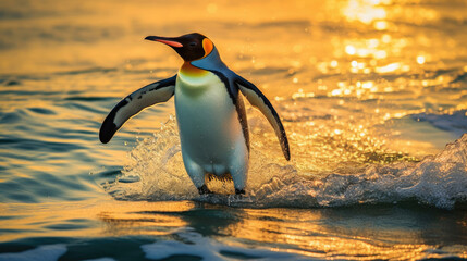 Fototapeta premium A Big King penguin going to blue water, Atlantic ocean in Falkland Island. Generative Ai