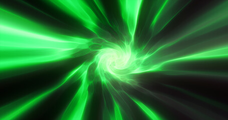 Green hypertunnel spinning speed space tunnel made of twisted swirling energy magic glowing light lines abstract background