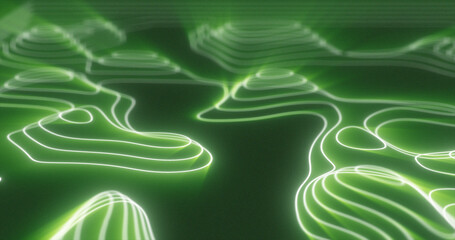 Abstract green futuristic hi-tech landscape with mountains and canyons from glowing energy circles and magic lines background
