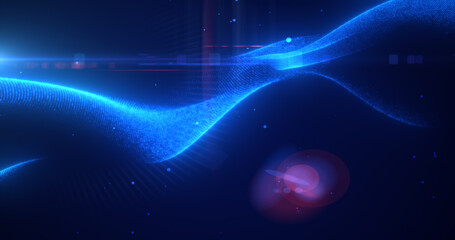 Blue glowing energy bright waves from small particles and lines abstract background