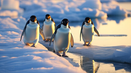 Penguins slides on ice. Generative Ai