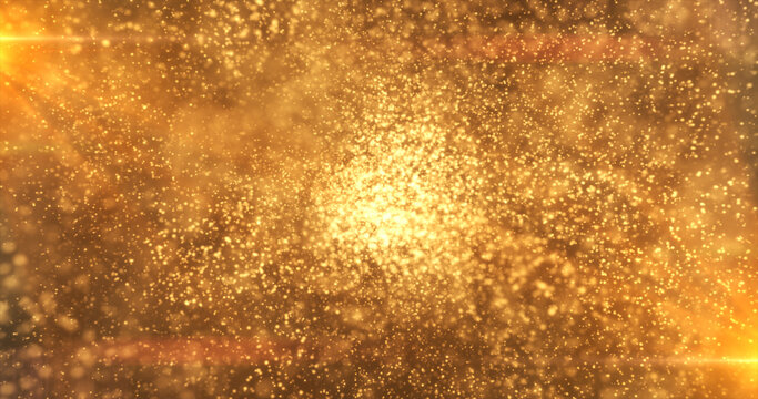 Yellow orange background of many blurred circles with bokeh effect of energy magical glowing particles and light lines abstract background