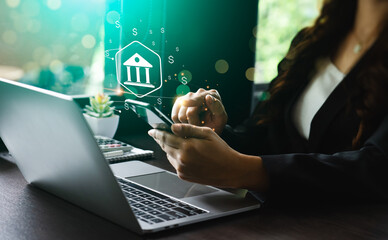 businesswoman using mobile online banking and payments, digital marketing. Financial and banking networking. Customer network connection and online shopping icons cyber security, business technology