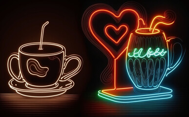 Neon sign, cup of coffee with heart