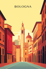 Italy Bologna city retro poster with abstract shapes of skyline, landscape, houses and waterfront. Vintage cityscape travel vector illustration of Emilia Romagna town panorama © Anastasiia