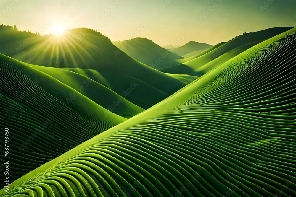 Wall mural green field and sun generated Ai