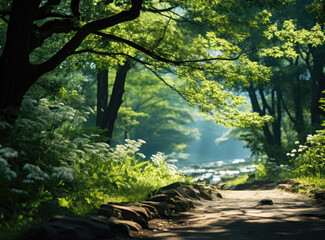 Morning Forest Serenity with Green Trees, Sunlight, 