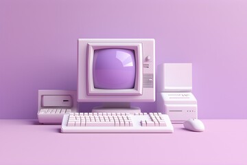 Isometric Retro Computer with Purple/Pink Background