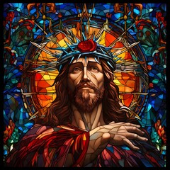 Stained Glass Window of Jesus Christ wearing the Crown of Thorns