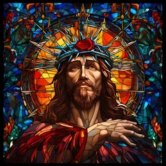 Papier Peint photo autocollant Coloré Stained Glass Window of Jesus Christ wearing the Crown of Thorns