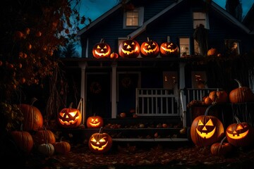 halloween background with pumpkins and bats outside a house at night - Generative AI