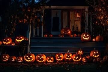 halloween pumpkin outside a house , halloween decorations, halloween background - Generative AI
