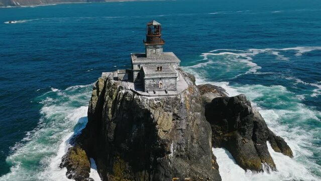 Lighthouse Aerial Drone Shot of Coastal Haunted Light House on Remote Island 