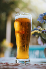 A mug of cold craft beer on a table outside. Blurred backgroundrred background