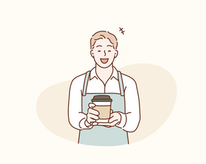 Handsome man wearing blue apron. Barista holding coffee cup, serving coffee to customer. Hand drawn style vector design illustrations.