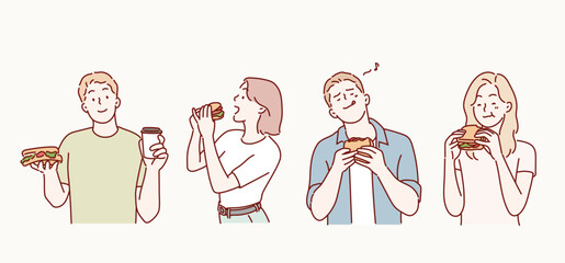 Group of people eating tasty sandwiches. Hand drawn style vector design illustrations.