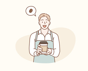 Handsome man wearing blue apron. Barista holding coffee cup, serving coffee to customer. Hand drawn style vector design illustrations.