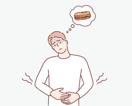 man is hungry and wants to eat. Hand drawn style vector design illustrations.