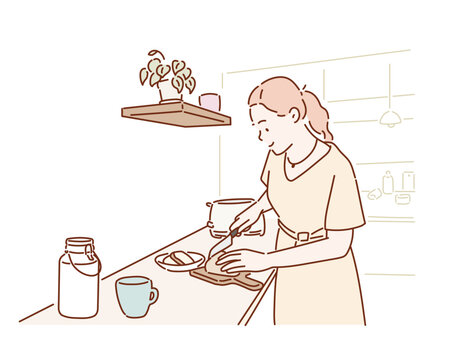 woman cutting bread in kitchen. Hand drawn style vector design illustrations.