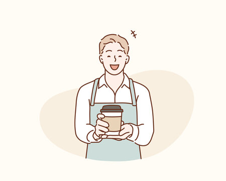Handsome man wearing blue apron. Barista holding coffee cup, serving coffee to customer. Hand drawn style vector design illustrations.
