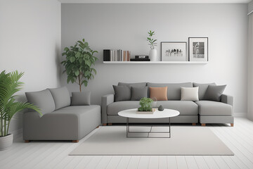 Livingroom interior wall mock up with gray fabric sofa and pillows on white background with free space on right. 3d rendering.