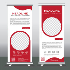 Banner roll-up design, business concept. Graphic template roll-up for exhibitions, banner for seminar, layout for placement of photos. Universal stand for conference, promo banner vector background.