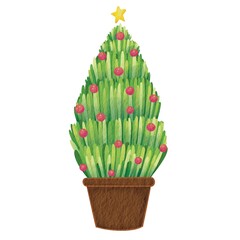 Abstract Christmas tree with Christmas ball and star in pot plant illustration for decolation on Christmas holiday event.