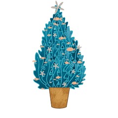 Christmas seaweed tree with fish and star fishwatercolor illustration for decotation on Summer Christmas and tropical Christmas holiday event.