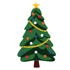 Christmas tree in flat style isolated on white background. Pine tree with decoration for Christmas. Vector illustration.