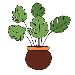 House plant in pot colored outline. Hand drawn home plant decor in doodle style. Vector illustration.