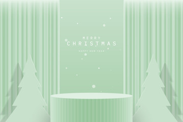 Luxury realistic green 3D cylinder podium pedestal or product display stand with Christmas tree, curtain and snow background. Minimal wall scene for product display presentation. Merry Christmas.