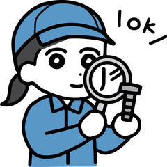 部品の目視検査をしている作業員の若い女性(上半身)