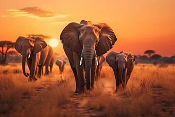 Fototapeta na wymiar a herd of elephants walking across a dry grass field at sunset with the sun in the background and a few trees in the foreground,Generated with AI