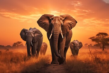 Obraz premium a herd of elephants walking across a dry grass field at sunset with the sun in the background and a few trees in the foreground,Generated with AI