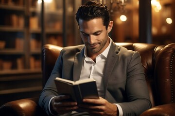 Portrait of a handsome man reading a book. Generative Ai