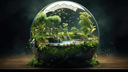 Fotobehang preserving biodiversity: a vibrant forest habitat enclosed in a glass orb - high-resolution image for conservation education and green initiatives © StraSyP