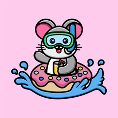 Cute mouse with doughnut tires and orange juice cartoon