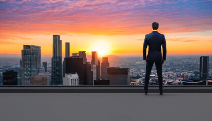 Fototapeta na wymiar successful businessman standing on roof of office building with city view. Concept of business success and victory. 
