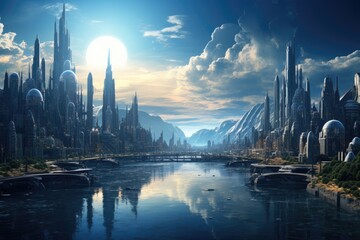 Fototapeta premium A great fantasy city over a river valley with stone buildings and ancient bridges to cross over to the other side. Generative AI