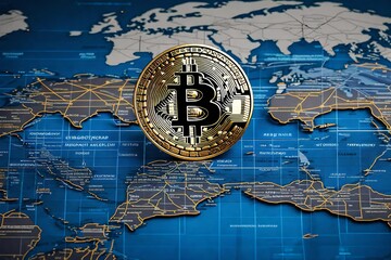 A coin of bitcoin, a digital currency on world map - Generative AI