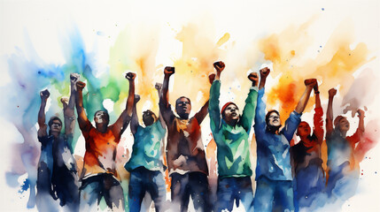 Silhouetted Men and Women Holding Fists in the Air, Representing Solidarity, Vibrant Watercolor Painting, Generative AI - obrazy, fototapety, plakaty