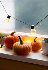 A few beautifull pumpkins on windowsill and bulbs as a decoration for halloween and autumn 