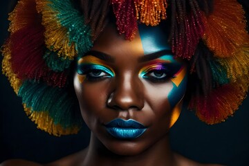 portrait of an afro woman with coloured makeup - Generative AI